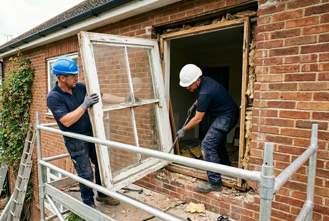 Workers on scaffolding removing an old window frame from a brick house