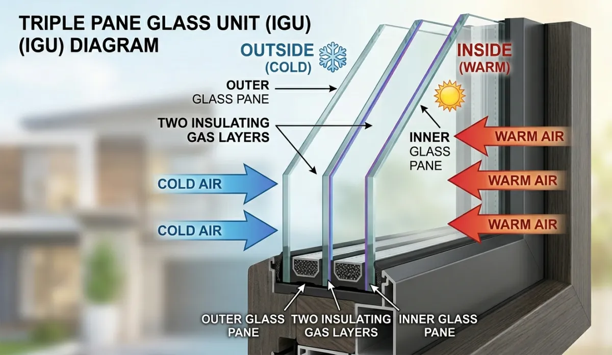educational diagram of a Triple Pane Glass Unit (IGU) showing how it manages temperature differences between the outdoors and indoors.