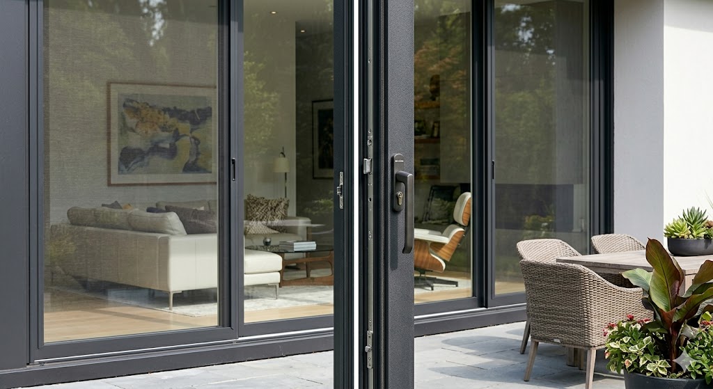 Close-up of a dark grey aluminum sliding glass door frame on a modern house, showing the metallic texture, sleek handle hardware, and a reflection of the patio area.