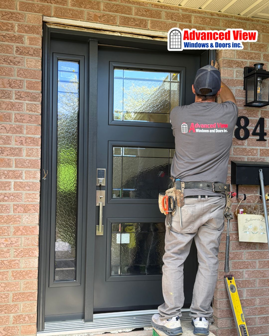 Modern matte black front door with decorative glass inserts and a full-length frosted glass sidelight being installed on an Ottawa brick home.