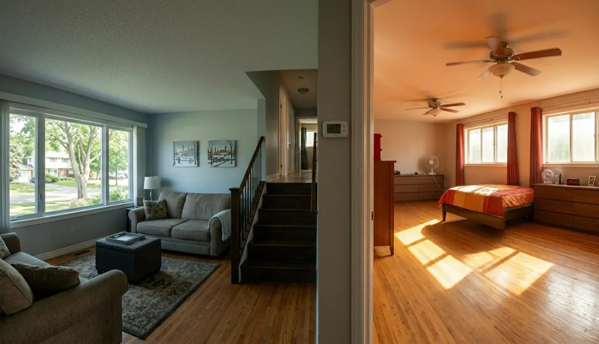 Side-by-side comparison of a cool, shaded living room next to a hot, sunlit upstairs bedroom in a house experiencing uneven temperatures.