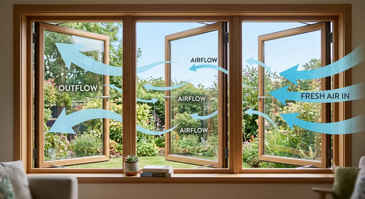 An illustration showing optimal cross-ventilation through a large, three-panel casement window in a living room. Blue arrows depict "FRESH AIR IN" through the right window panel, circulating with "AIRFLOW" through the central open panel, and "OUTFLOW" venting through the open left panel, against a backdrop of a lush garden.