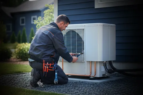 Technician fixing a residential HVAC unit
