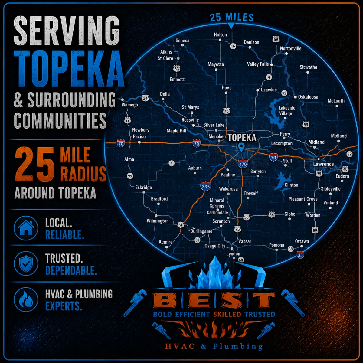 Map showing service areas around Topeka and Auburn