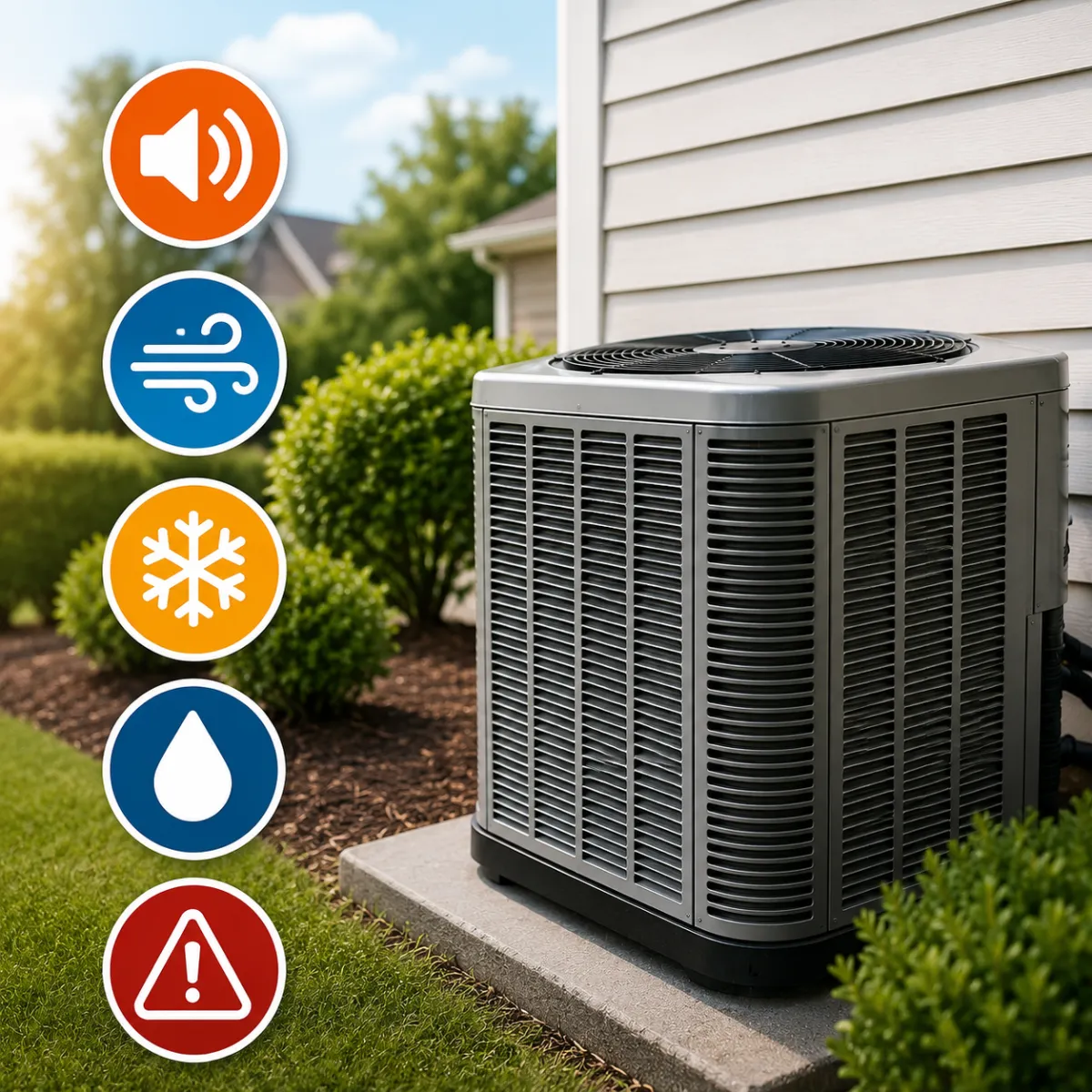 Banner showing an AC unit and technician with five icon cues for warning signs: weak/inconsistent airflow, strange/noisy operation, warm air from vents, frequent cycling, and unusual odors. Headline: '5 Warning Signs Your AC Needs Professional Attention.' Subtext mentions Topeka or Auburn homes and advises calling a licensed professional.