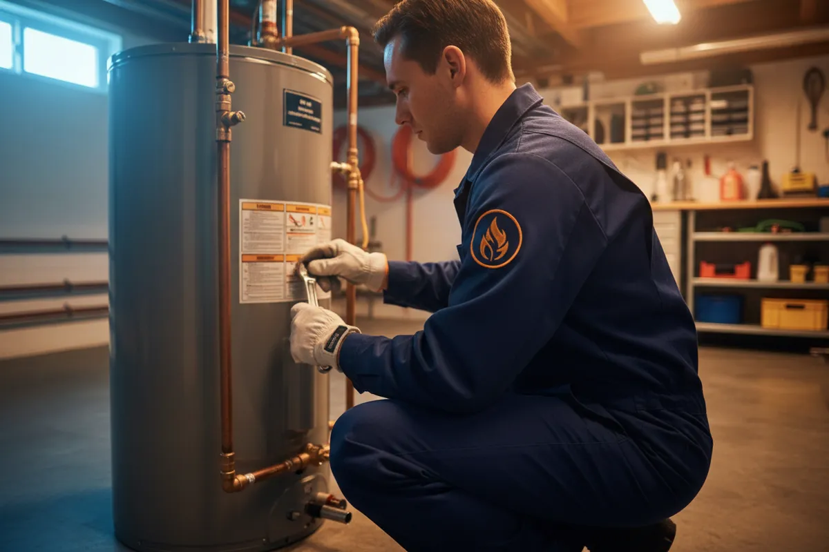 HVAC technician inspecting water heater in Topeka, Kansas