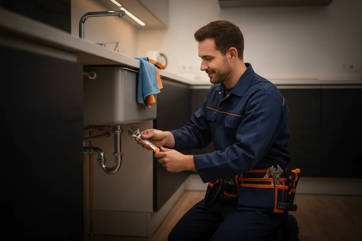 Plumber repairing pipes under kitchen sink for residential plumbing services.