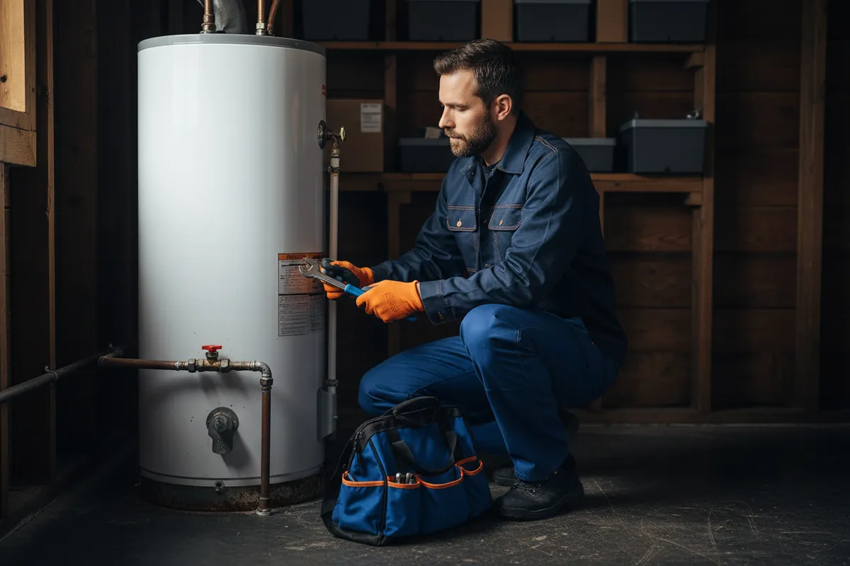 HVAC technician inspecting water heater, plumbing maintenance tips