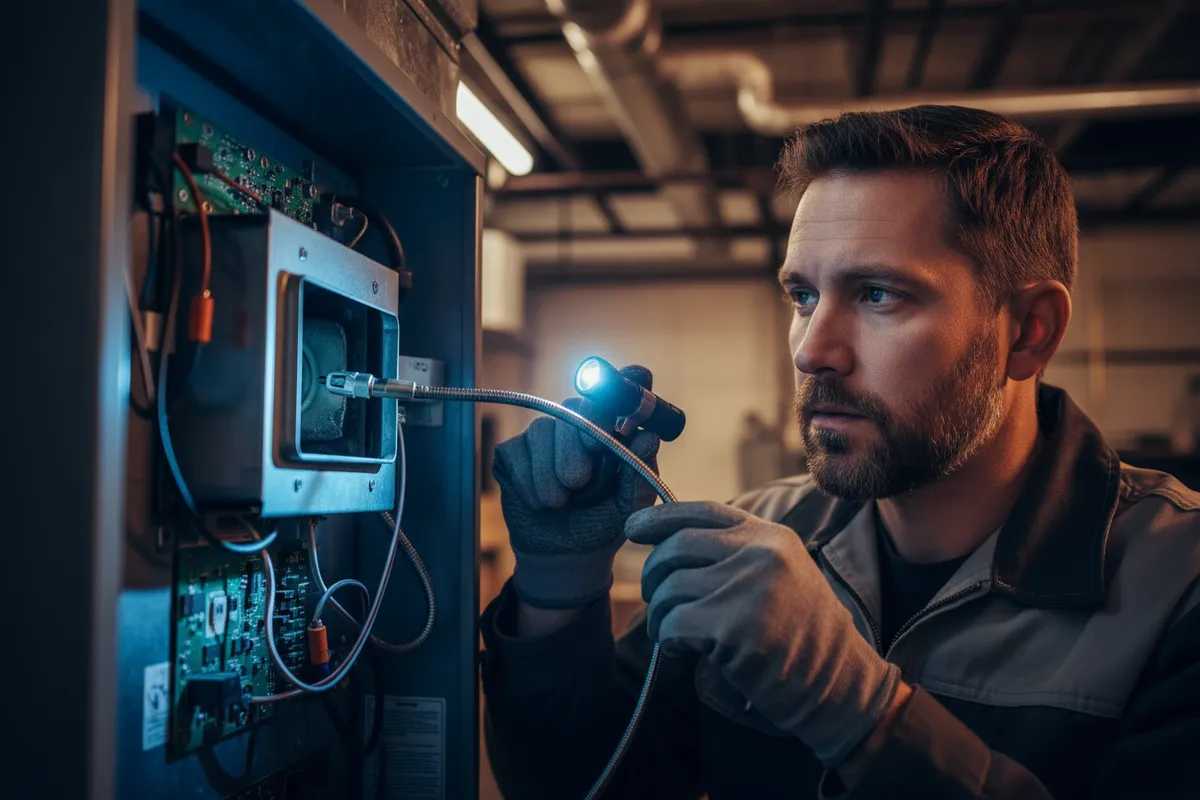HVAC technician inspecting furnace components with flashlight, diagnosing potential failure.