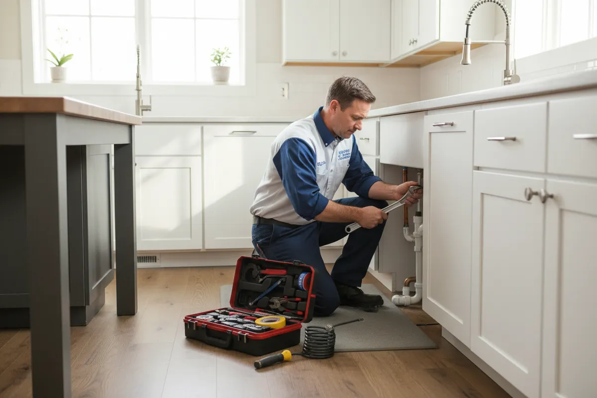 Plumber repairing pipes under kitchen sink, BEST HVAC & Plumbing service.