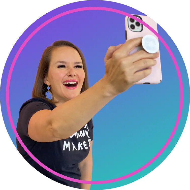 Colorful background of Andrea, smiling, holding her cellphone and posing for a selfie