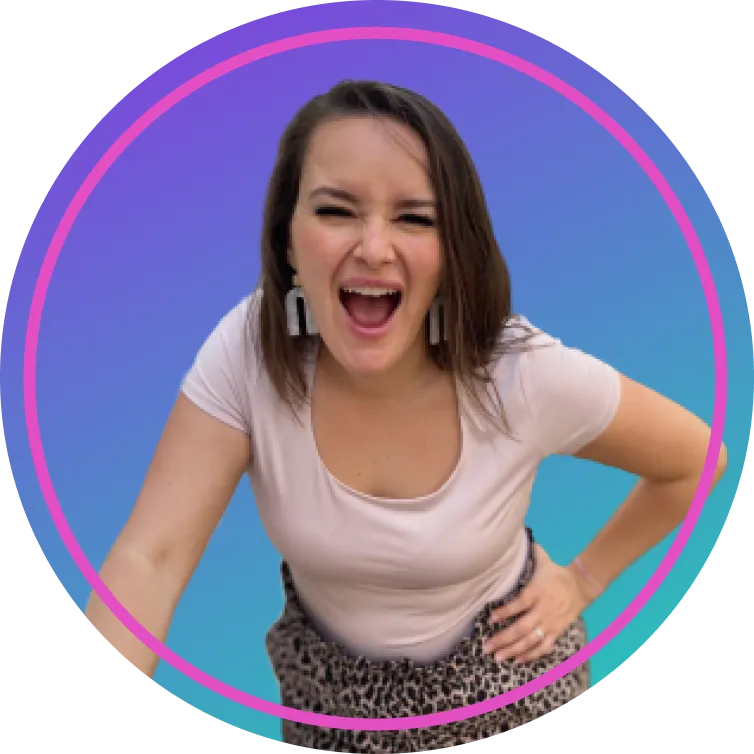 Round photo of Andrea with her mouth wide open in smile and her one hand is on her hip side in a colorful background