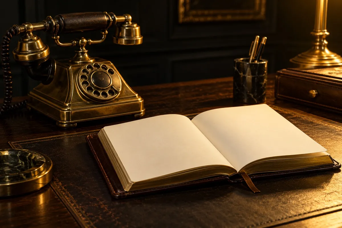 Un teléfono antiguo de latón junto a una agenda de piel abierta sobre una mesa oscura con luz dorada, metáfora de qué hace un setter de citas