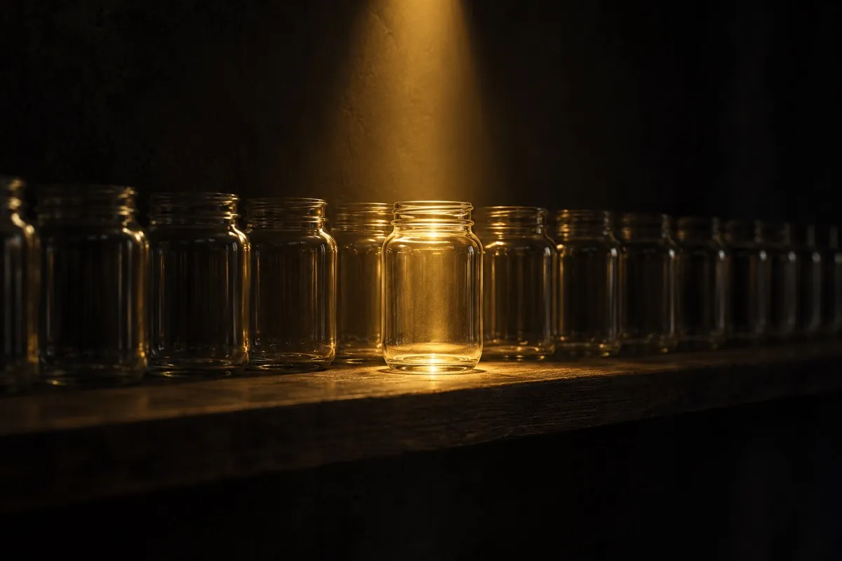 Una fila de frascos de cristal iguales en penumbra y uno solo iluminado con luz dorada, metáfora de qué infoproductos se venden más