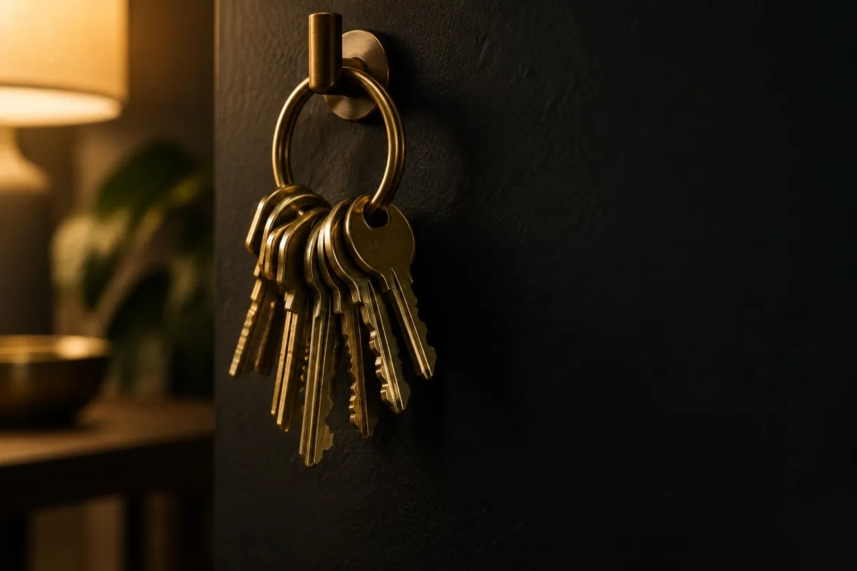 Un llavero de latón dorado con muchas llaves colgado de un gancho sobre una pared negra, metáfora de cómo escalar un negocio de coaching repartiendo lo que hoy solo tienes tú