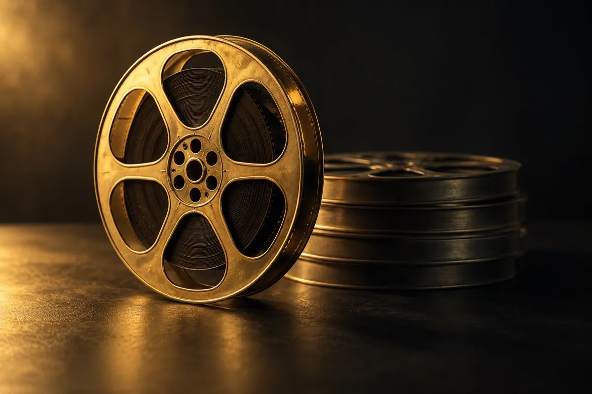 Un solo carrete de película dorado sobre una mesa negra junto a una pila de carretes vacíos, metáfora de cómo crear un curso online empezando por el primer módulo