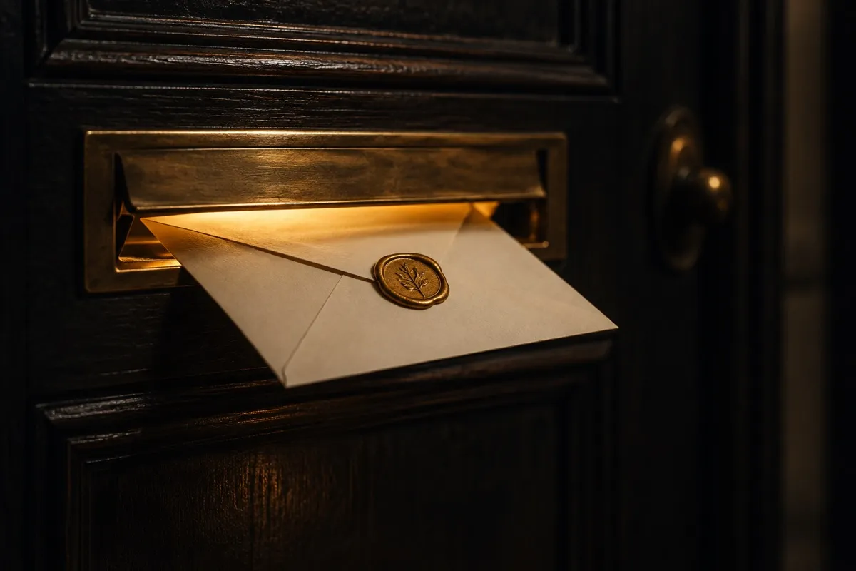 Una carta sellada con lacre dorado deslizándose sola por la rendija de una puerta oscura, iluminada por una luz cálida