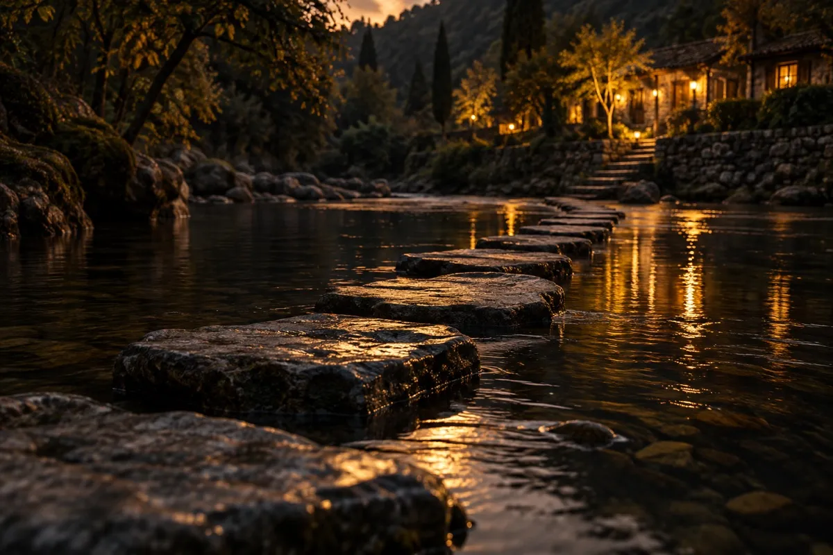 Un sendero de piedras planas que cruza un río oscuro hacia una orilla iluminada con luz dorada