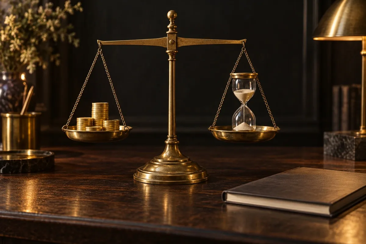 Balanza antigua de latón con monedas en un platillo y un reloj de arena en el otro, sobre una mesa oscura