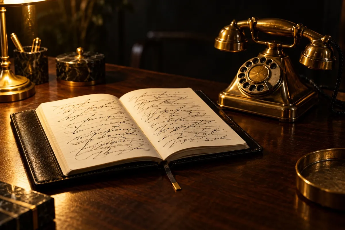 Un cuaderno de tapas negras abierto junto a un teléfono antiguo de latón sobre una mesa oscura con luz dorada, metáfora de cómo hacer una llamada de ventas con guion