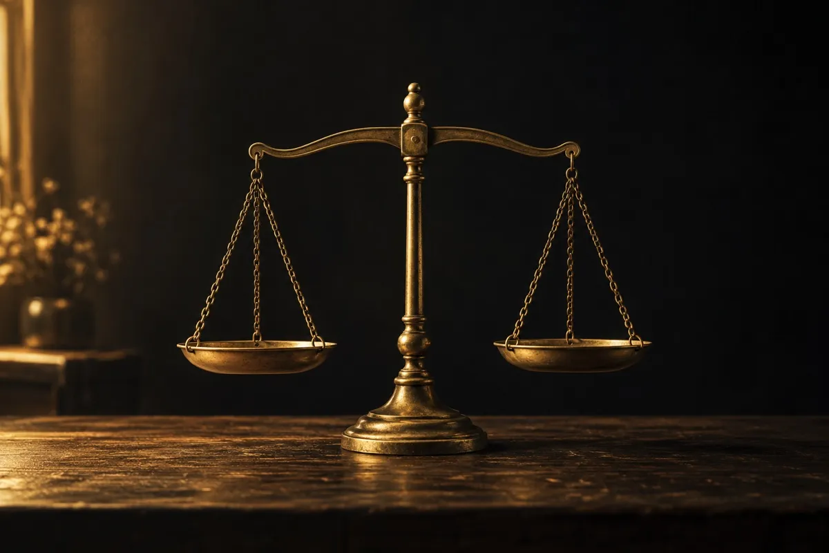 Una balanza antigua de latón equilibrada sobre una mesa oscura con luz dorada lateral, metáfora de cuánto cobrar por un curso online