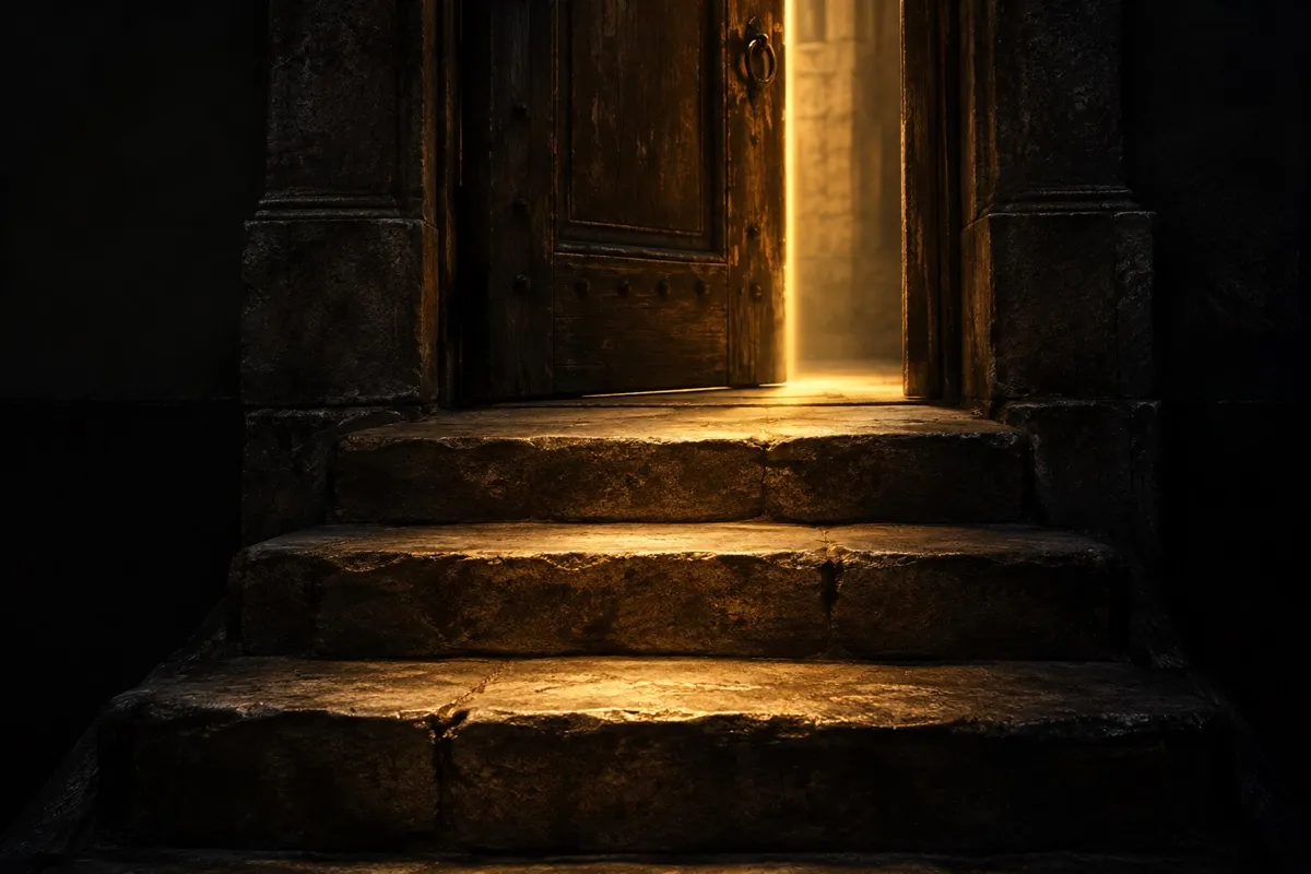 Escalera de piedra con tres peldaños iluminados en dorado que sube desde la sombra hacia una puerta entreabierta