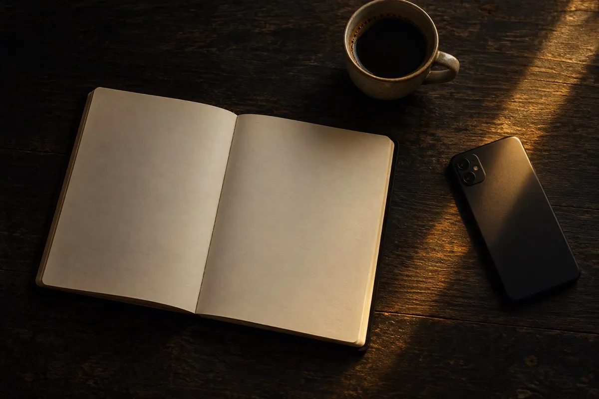 Mesa de trabajo con una libreta abierta y un teléfono boca abajo junto a una taza de café, luz dorada sobre fondo negro