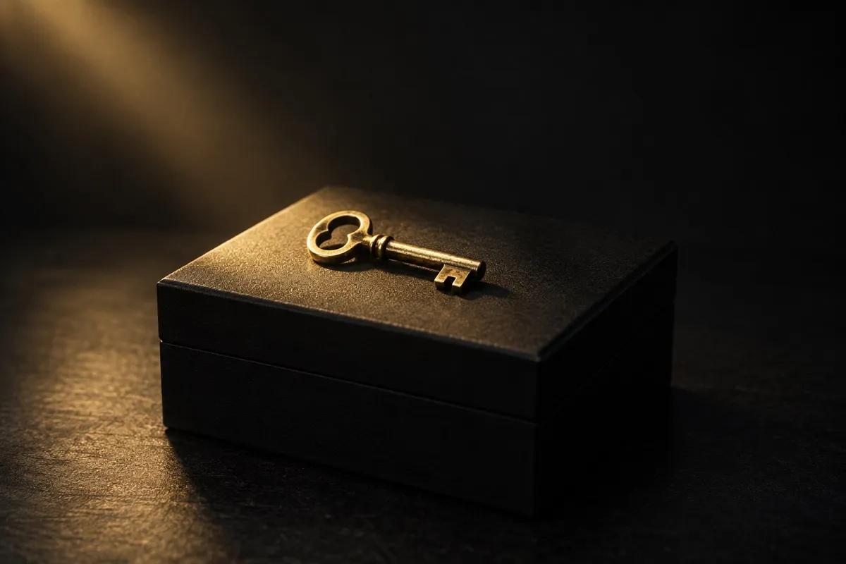 Una pequeña llave de latón dorado sobre una caja negra cerrada, metáfora de un lead magnet que abre la puerta a la oferta