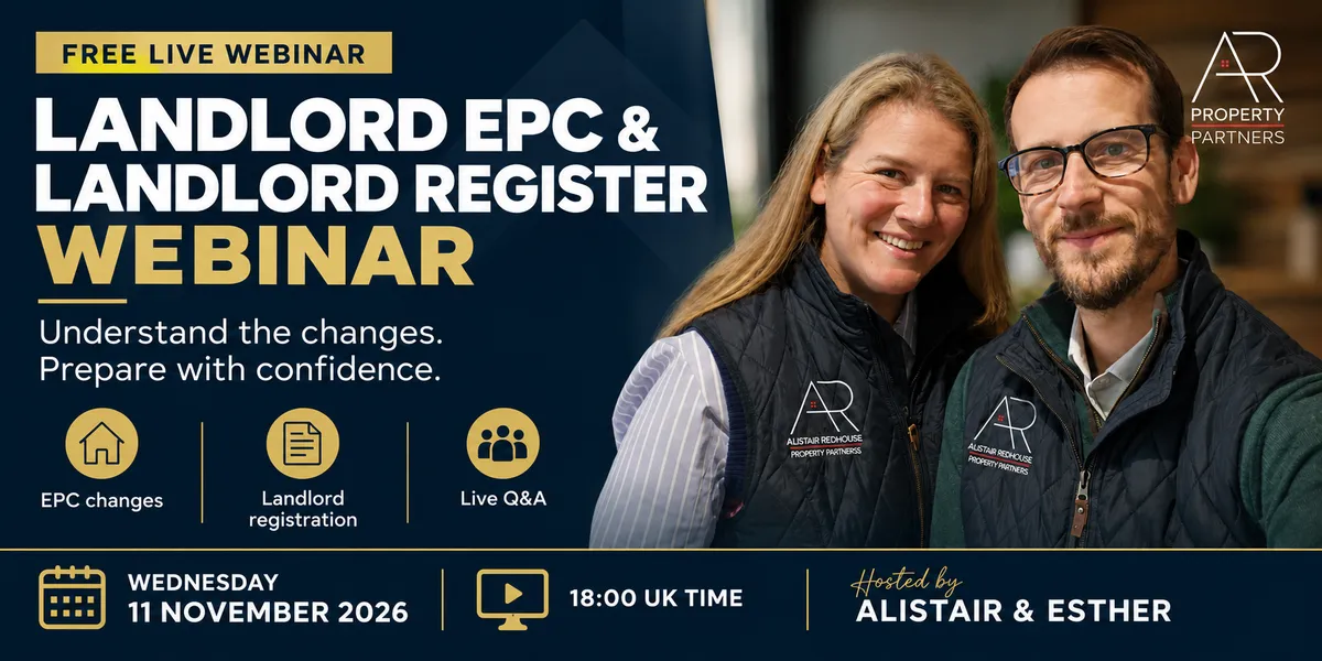 Alistair and Esther host the free Landlord EPC and Landlord Register Webinar, Wednesday 11 November 2026 at 18:00 UK time