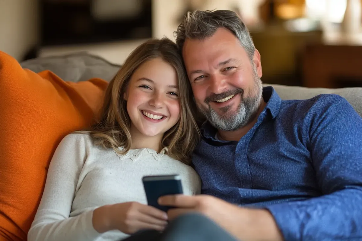Divorce For Men: Father and daughter sitting together on a couch