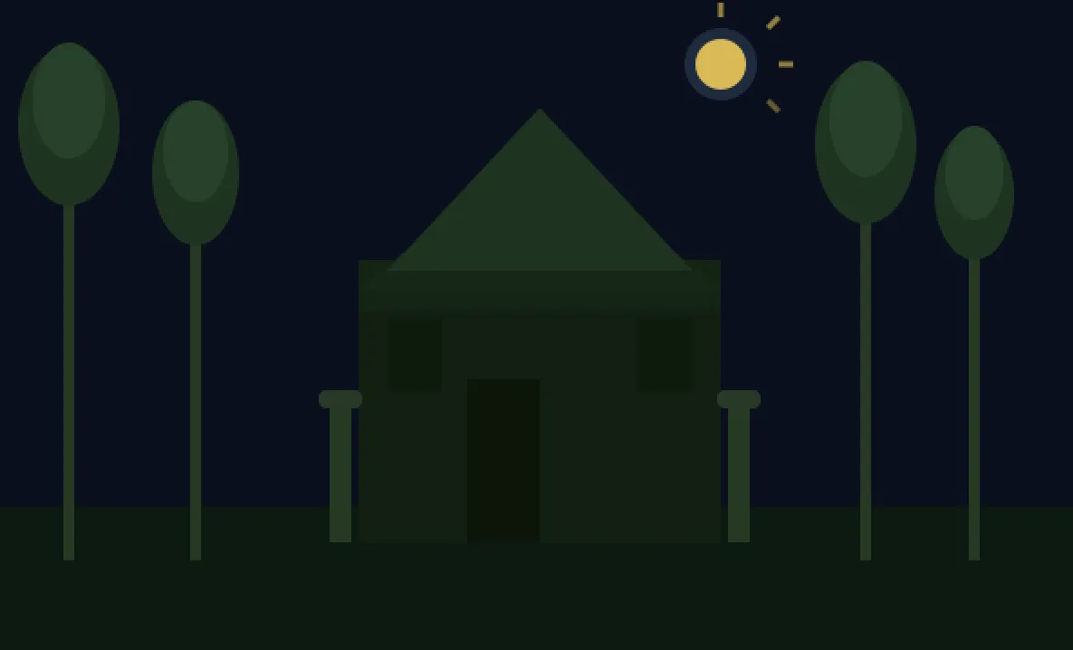 Illustrated twilight scene of Brunswick Forest NC with tall pine trees, gated community entrance, and warm moonlight through the forest