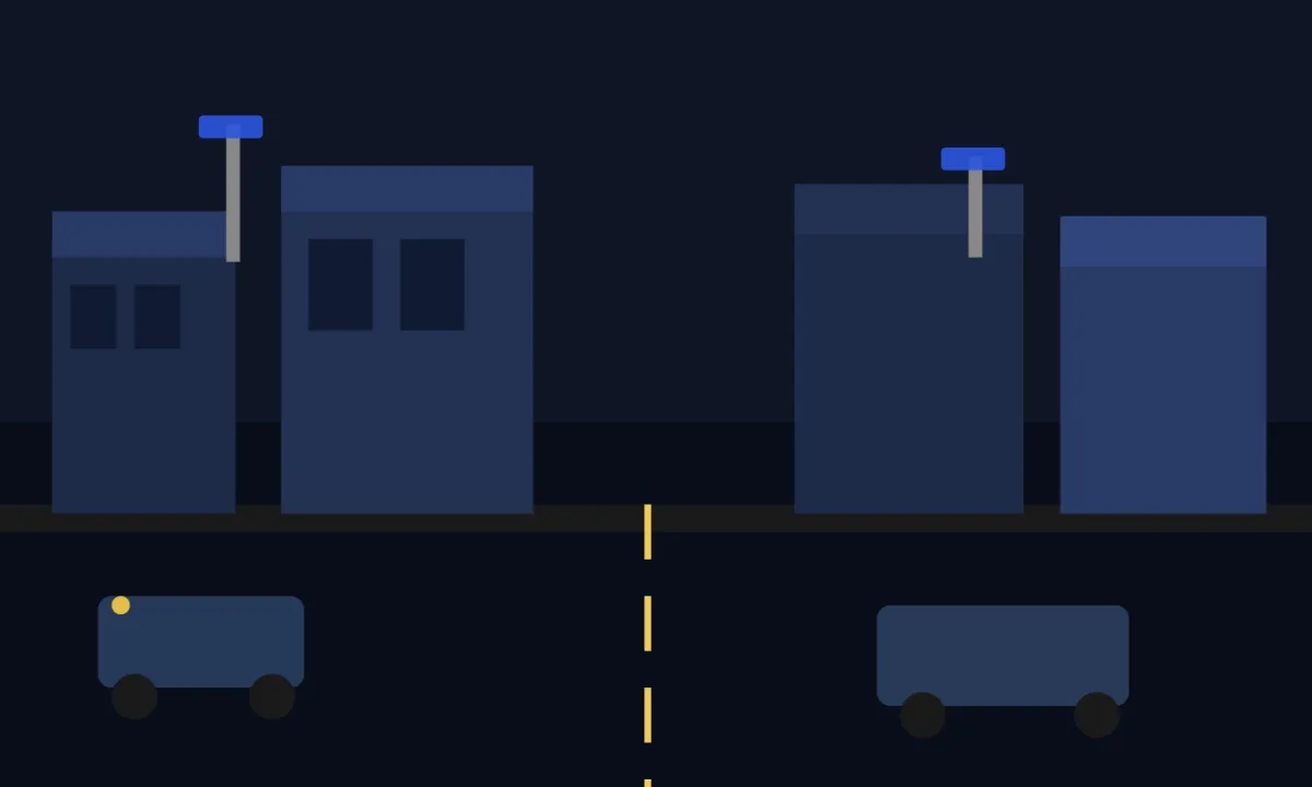 Illustrated night scene of the Carolina Beach Road commercial corridor in Monkey Junction NC with storefronts, streetlights, and trucks in traffic