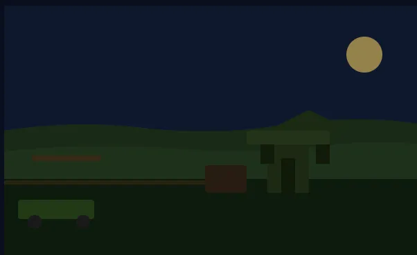 Illustrated rural scene of Castle Hayne NC with farmhouse, open fields, country road, pickup truck, and moonlit sky over north New Hanover County