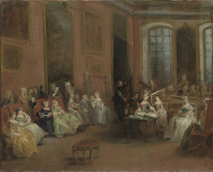 Barockes Konzert mit Cembalo, historisches Gemälde