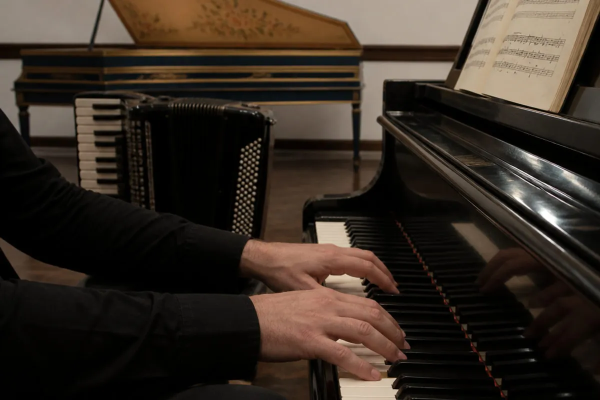 Klavierspielerin in einem Raum mit Cembalo und Akkordeon im Hintergrund
