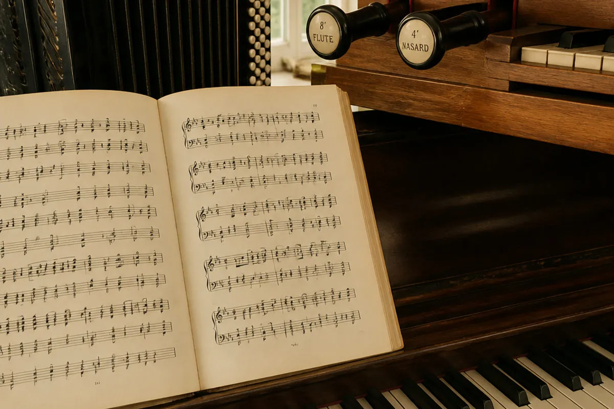 Aufgeschlagene Noten vor einem Akkordeon und einem Klavier