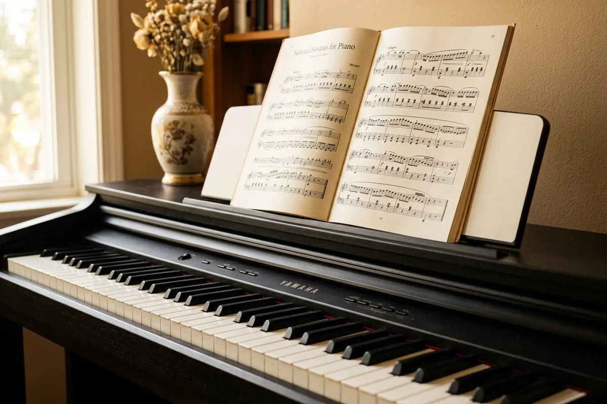 Aufgeschlagene Noten auf einem Klavier mit Blumenvase