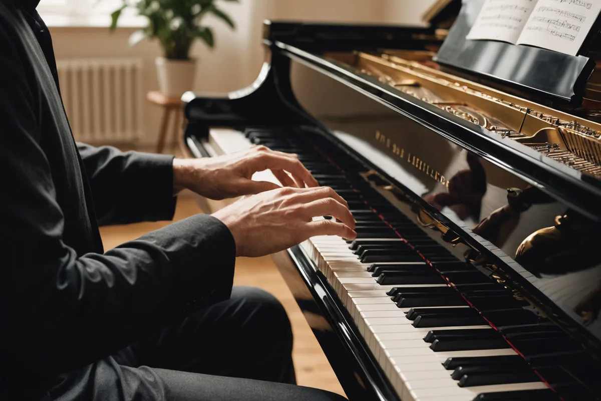 Pianist am Flügel in einem hellen Wohnzimmer