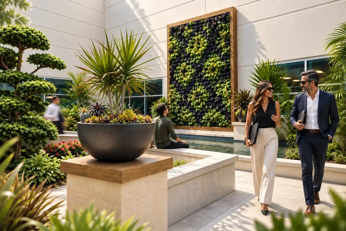 Colleagues meeting in a biophilic commercial courtyard with a living wall, water feature and integrated landscape