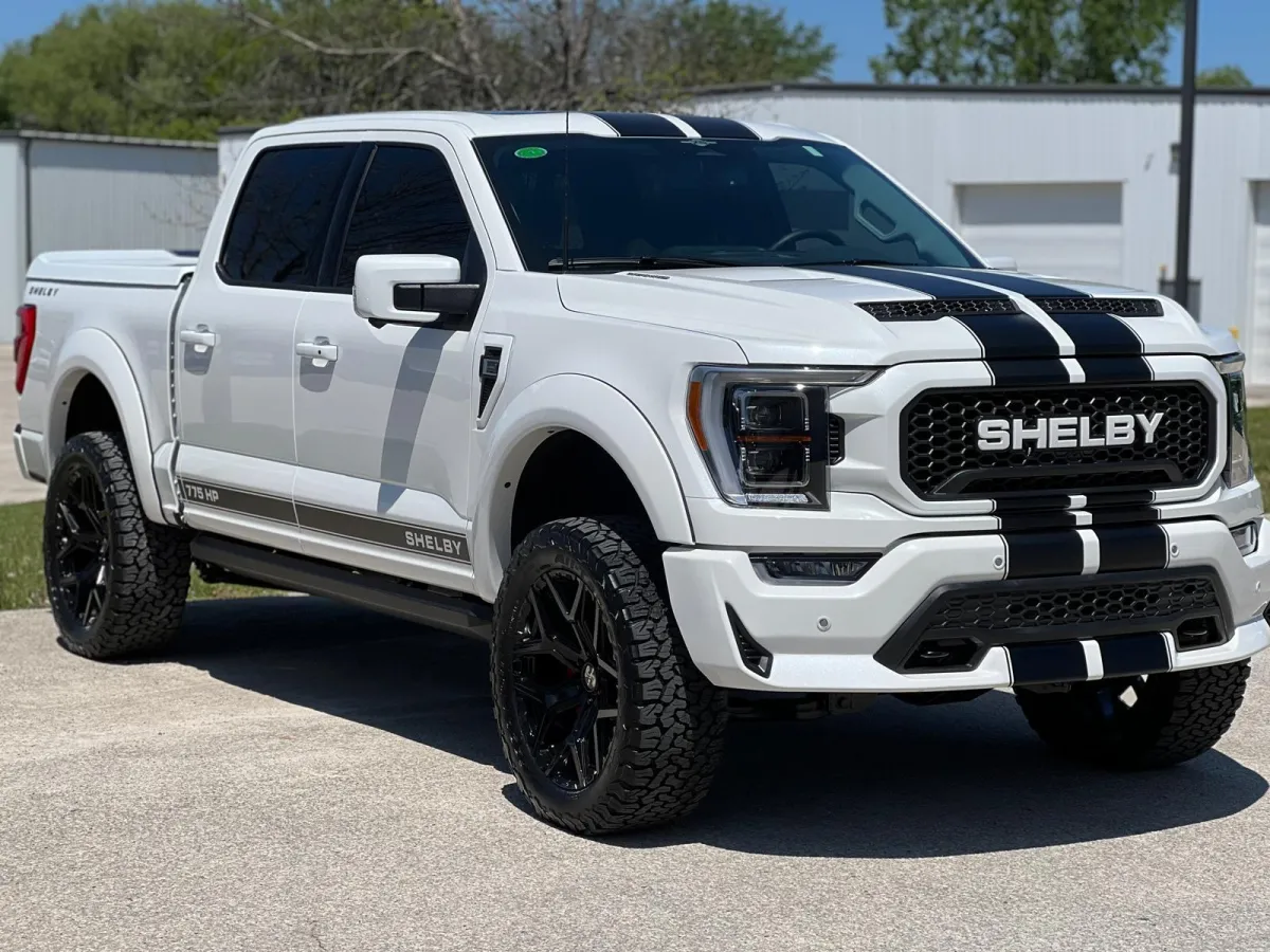 "Ford ShelbyTruck White with Black Stripes Color with  tinted windows, customized at GB Enterprises AutoCare in Green Bay, WI. Showcasing professional window tinting and vehicle detailing for enhanced aesthetics and privacy."