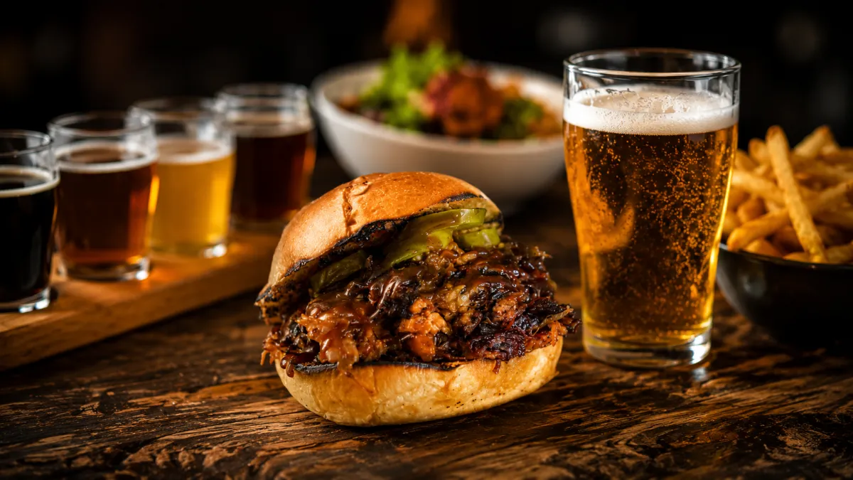 Pulled pork sandwich and craft beer at Back Porch Brewing
