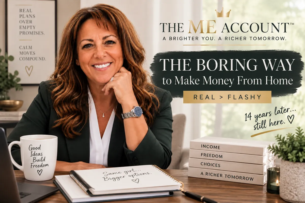 Rebecca Lay at her desk sharing the boring, steady way to build legitimate income from home.