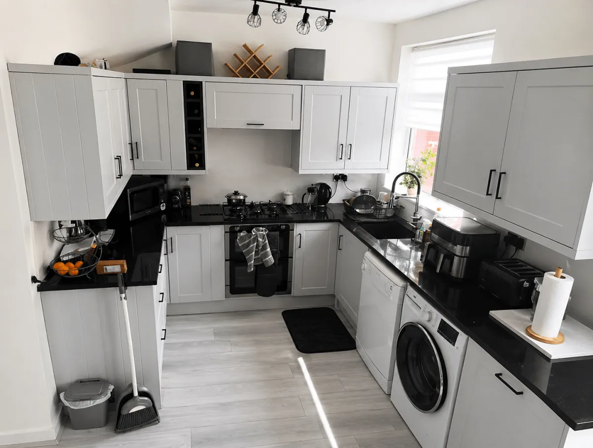 Kitchen renovation with white shaker cabinets and dark worktops by Willis Building Services London