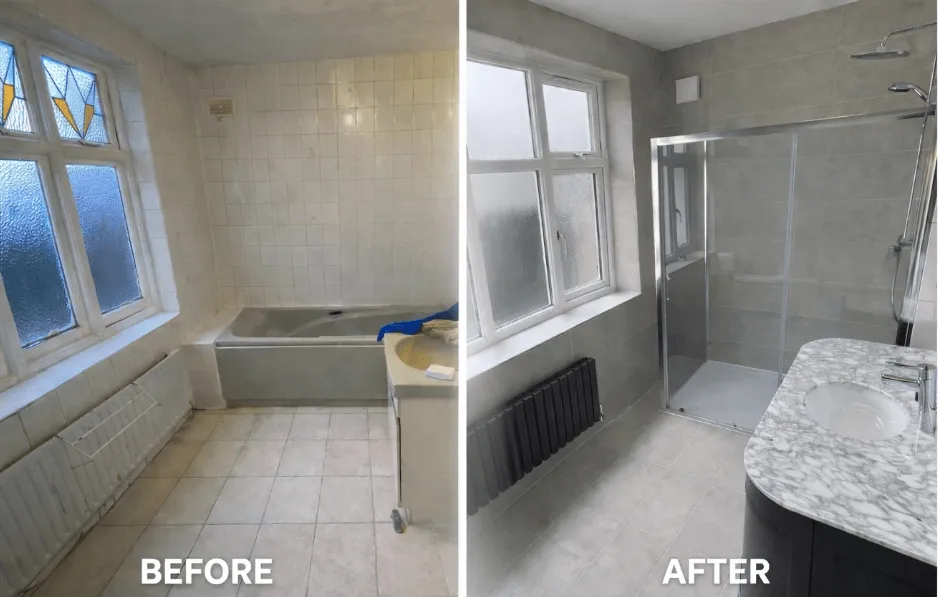 Before and after bathroom renovation with walk-in shower by Willis Building Services London