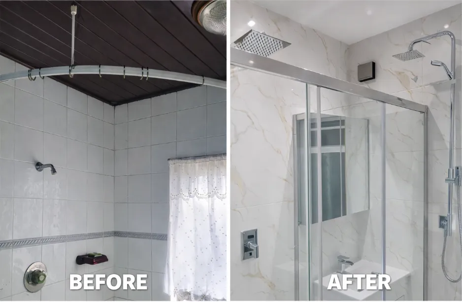 Outdated shower transformed into modern marble wet room by Willis Building Services London