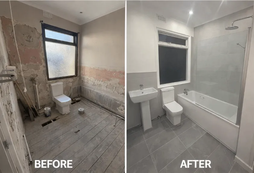 Before and after full bathroom strip out and retile with bath by Willis Building Services London