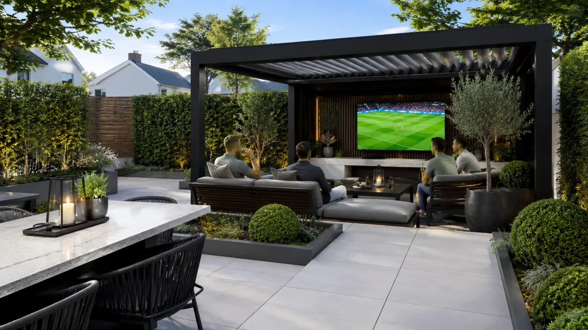 Contemporary pergola and paved seating area prepared for World cup 2026 in a Dublin garden
