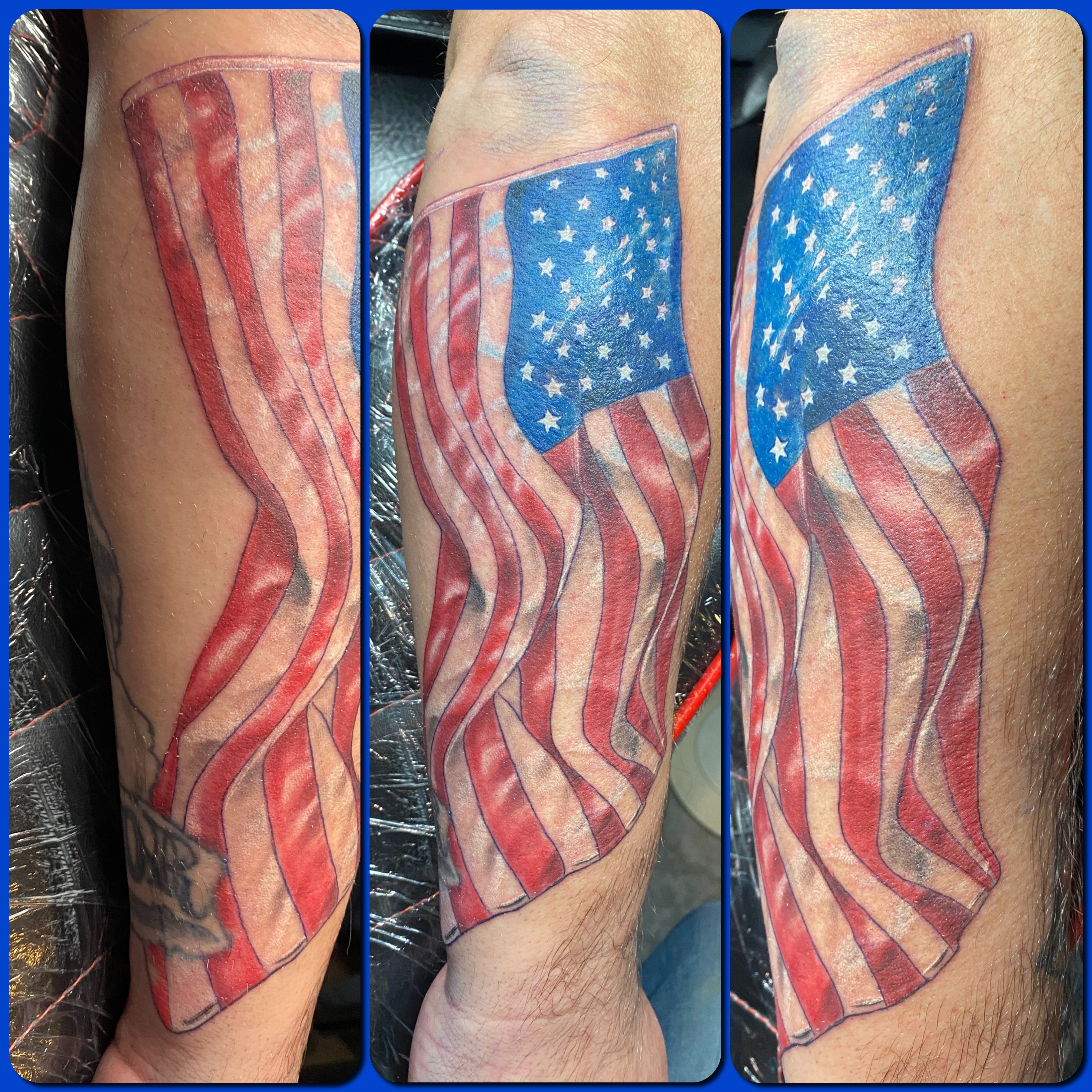 Abstract watercolor tattoo on a woman's shoulder, blending pastel pinks and blues with gold accents. The image is shot in a modern studio with a minimalist background. 1:1 aspect ratio.