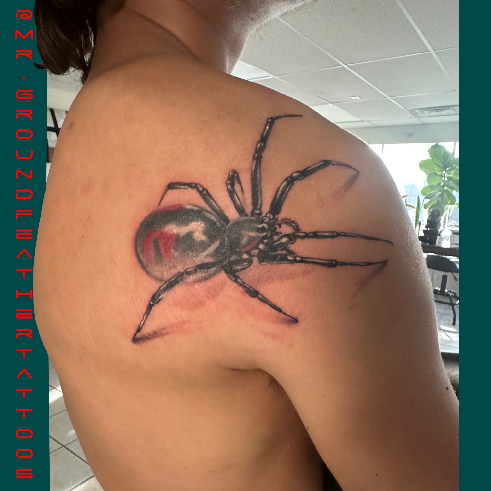 Close-up spider realistic shading shadow arm tattoo black widow realistic illistrative linework badass
