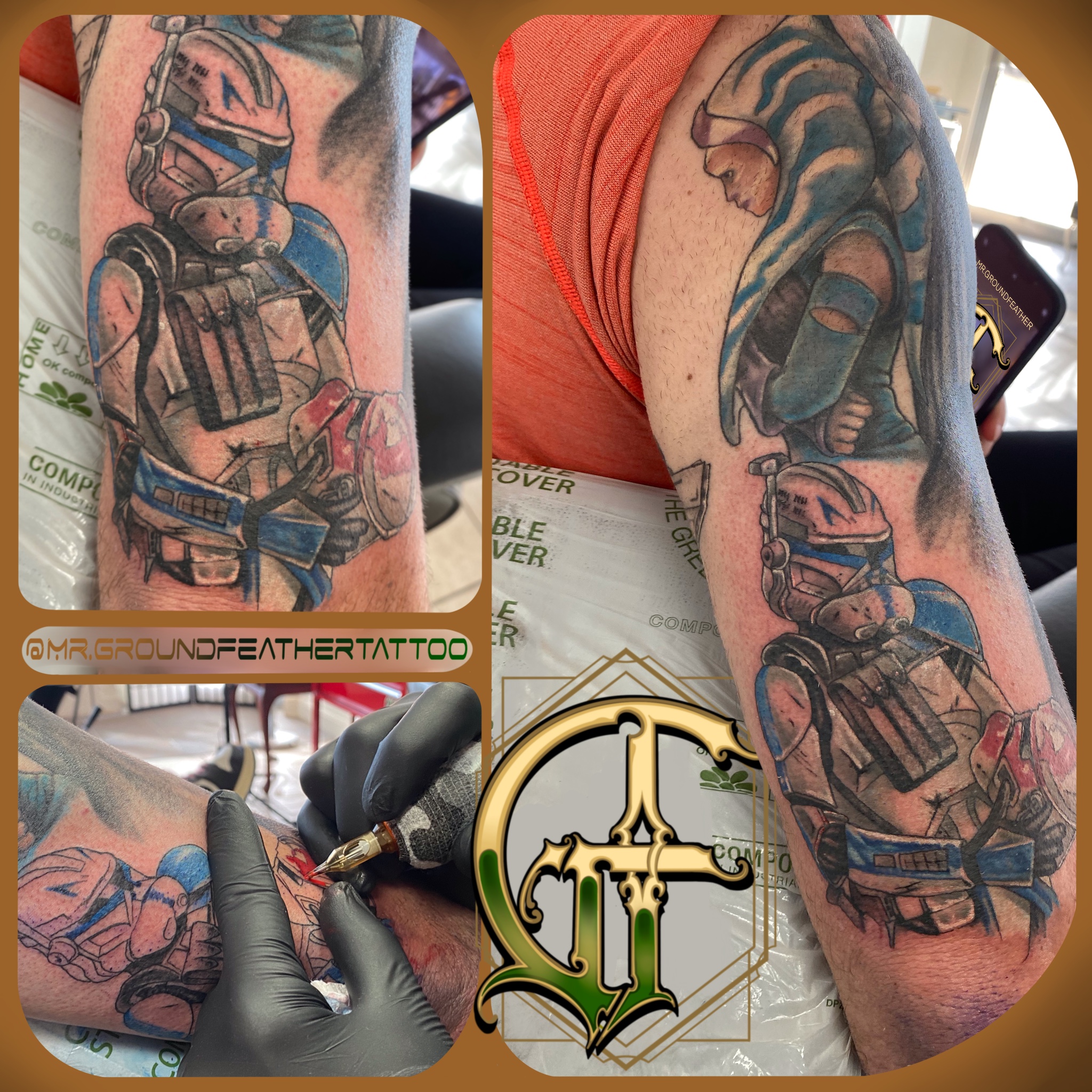 Close-up of a forearm tattoo featuring intricate geometric patterns in black ink, photographed in soft natural light. The background is a blurred studio setting with warm neutral tones. 1:1 aspect ratio.